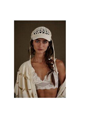 NWT Free People Silvie Crochet Baseball Hat Cream Knit Boho Summer Cap